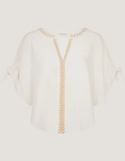 Adela Embroidered Linen Blend Top Ivory