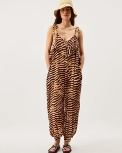 Annie Sleeveless Animal Print Jumpsuit Brown