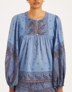 Antik Batik Johri Hand-Woven Paisley Blouse Blue