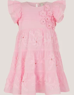 Appliqué Floral Flutter Sleeve Dress Pink