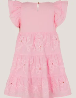 Appliqué Floral Flutter Sleeve Dress Pink