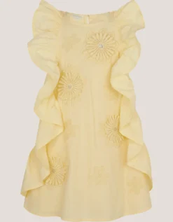 Appliqué Flower Ruffle Dress Yellow