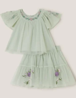 Baby Amina Floral Embroidered Top & Skirt Set Green