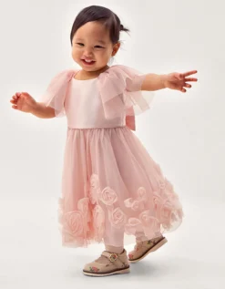Baby Eden Appliqué Rose Tulle Dress Pink