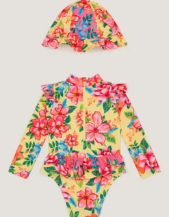 Baby Floral UPF50+ Swimsuit & Hat Yellow