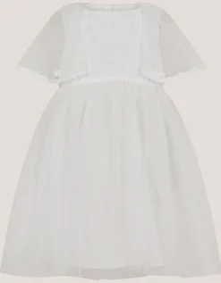 Baby Flutter Sleeve Floral Embroidered Tulle Dress Ivory