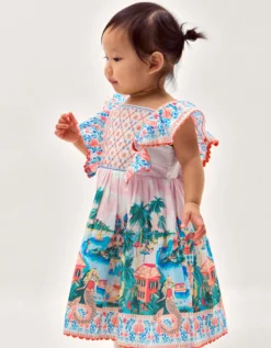 Baby Resort Scene Smock Dress Ivory