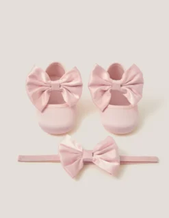 Baby Satin Bow Headband & Booties Set Pink