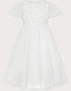 Bella Sequin Flower Communion Dress White