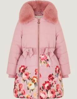 Blurred Floral Print Puffer Coat Pink