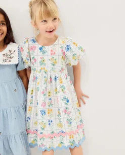 Bonnie Puff Sleeve Checkerboard Floral Dress Ivory