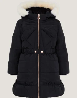 Bow Hooded Puffer Coat Black