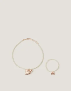 Bow Locket Pearl Necklace & Bracelet Set