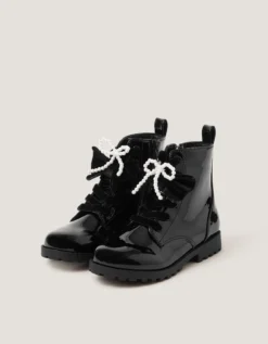 Bow Patent Lace-Up Boots Black