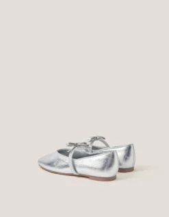Bow Strap Metallic Ballet Flats Silver