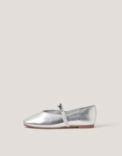 Bow Strap Metallic Ballet Flats Silver