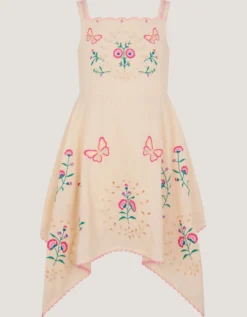 Butterfly Embroidered Hanky Hem Dress Ivory