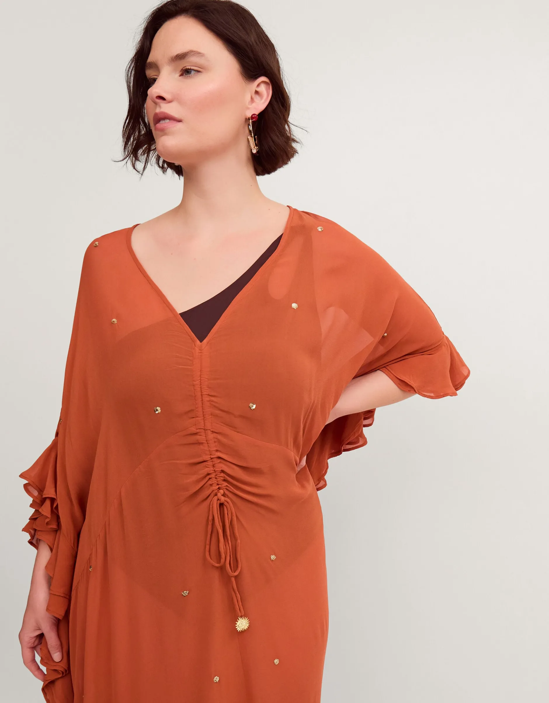 Callie Thorpe x Monsoon Embellished Ruffle Sheer Maxi Kaftan Orange