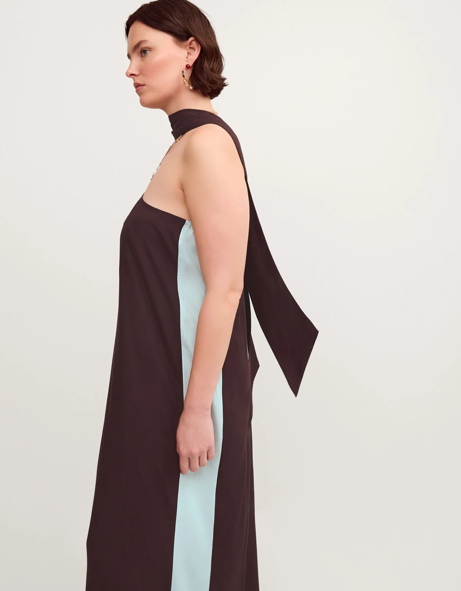 Callie Thorpe x Monsoon One-Shoulder Scallop Kaftan Dress & Scarf Brown