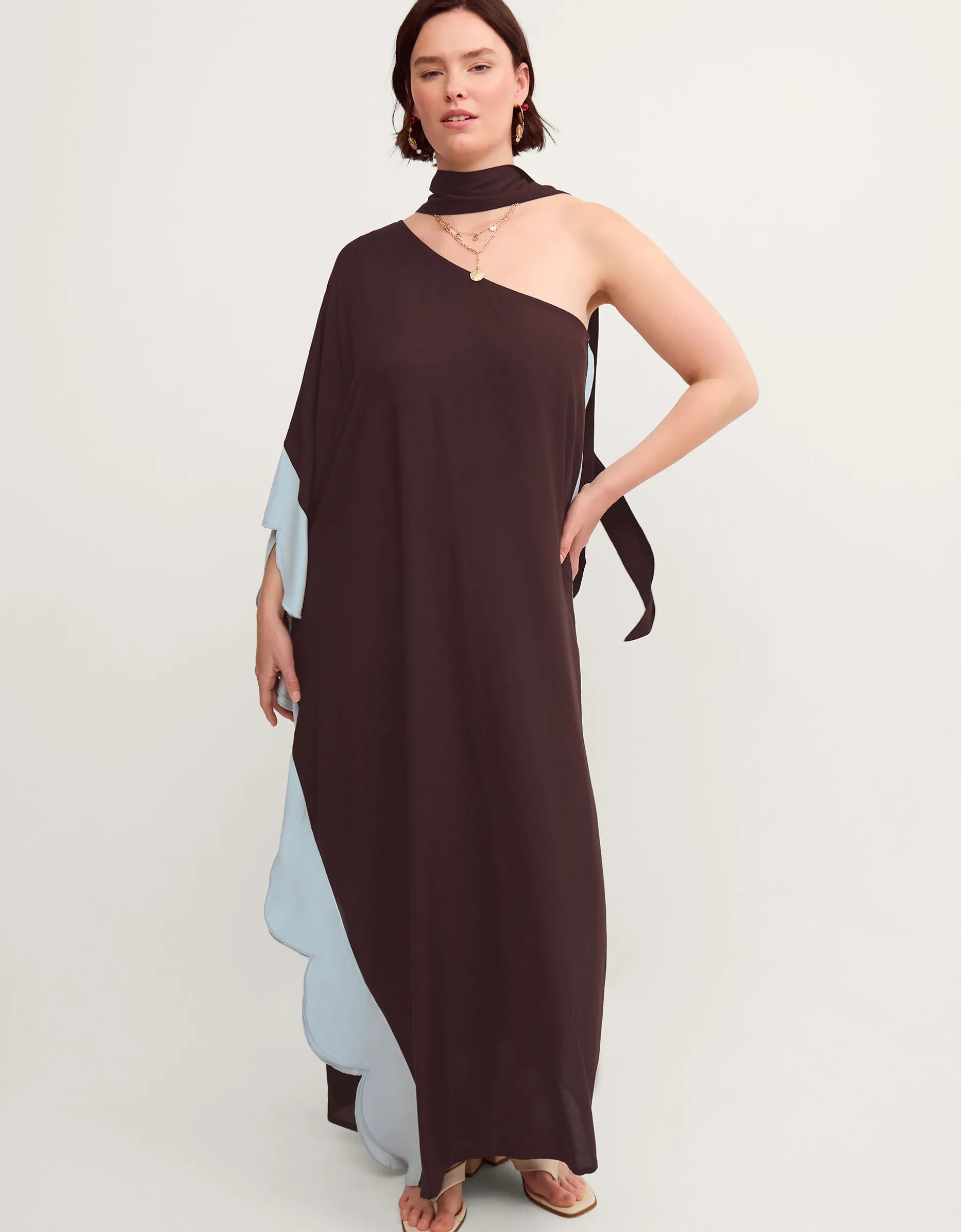Callie Thorpe x Monsoon One-Shoulder Scallop Kaftan Dress & Scarf Brown