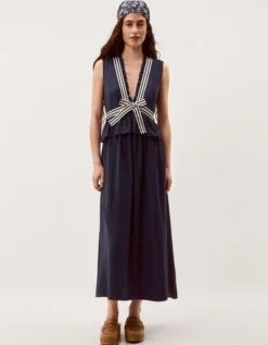 Cece V-Neck Stripe Bow Midi Dress Blue