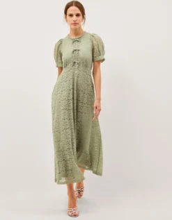 Celina Puff Sleeve Lace Midi Dress Green