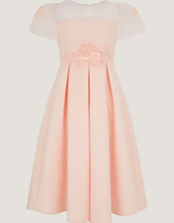 Chiffon Sleeve Floral Embroidered Dress Pink