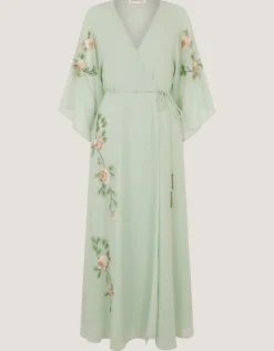 Clara Floral Embellished Midi Wrap Dress Green