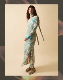 Clemence Aurelie Butterfly Long Sleeve Maxi Dress Green