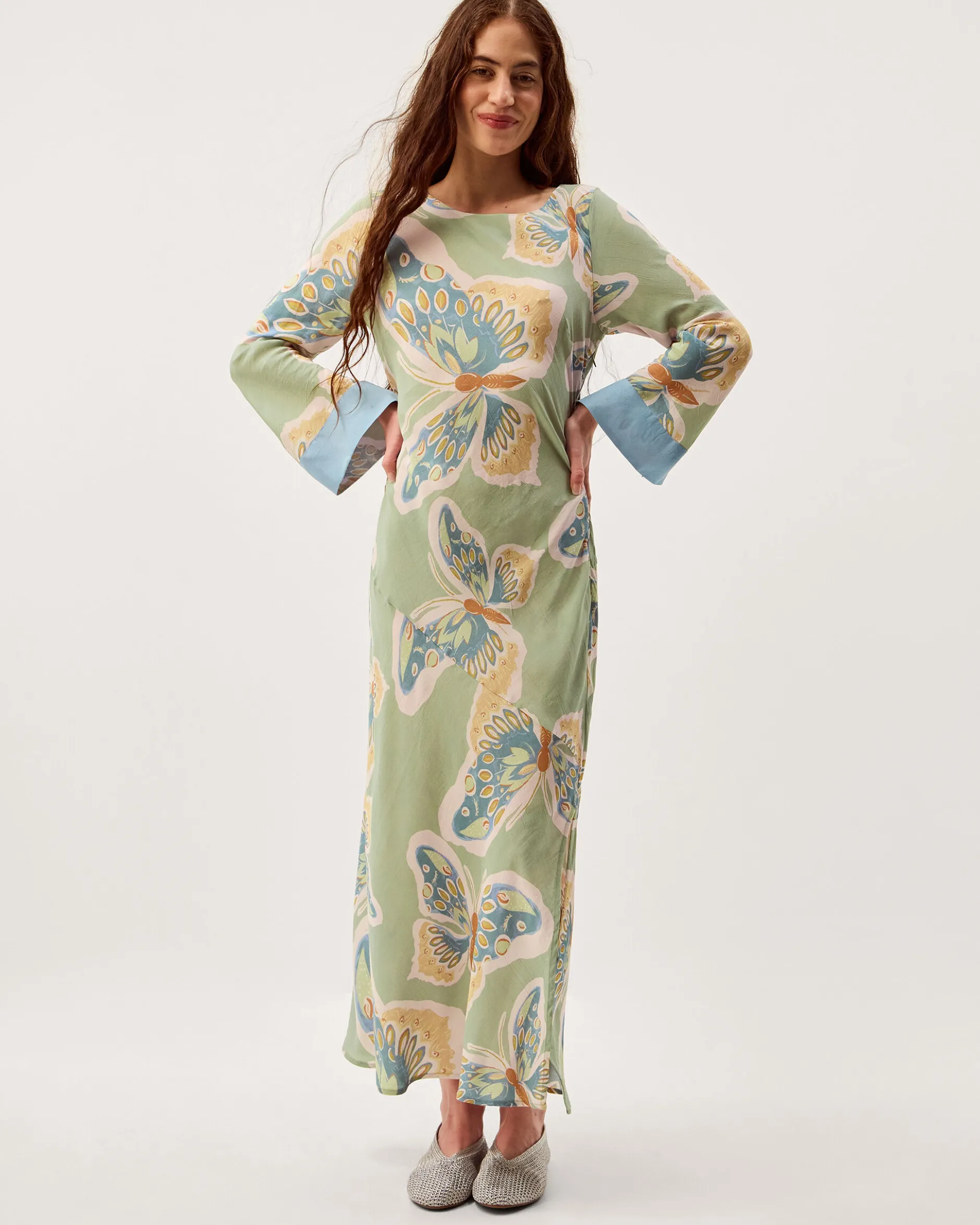 Clemence Aurelie Butterfly Long Sleeve Maxi Dress Green