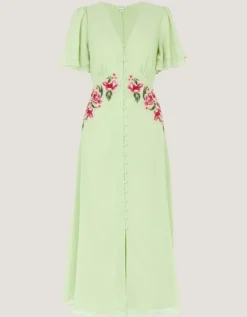 Coraline Floral Embroidered Midi Dress Green