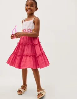 Crochet Flower Tiered Dress Pink
