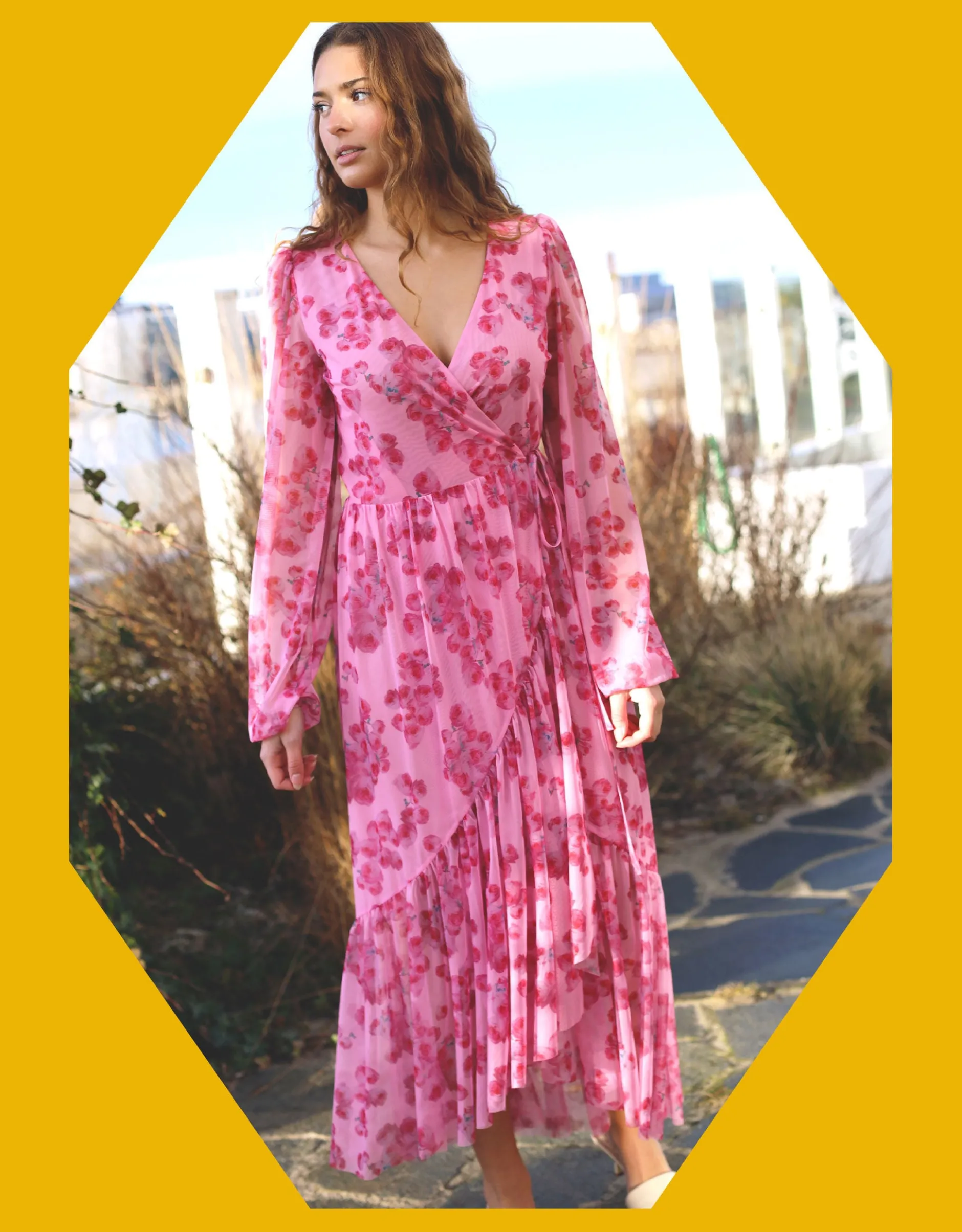 Crās Debbie Floral Mesh Wrap Dress Pink