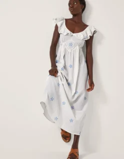 Daisy Frill Embroidered Midi Dress White