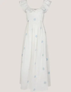 Daisy Frill Embroidered Midi Dress White