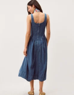 Delia Square Neck Denim Midi Dress Blue