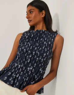 Deniz Sleeveless Smocked Floral Top Blue