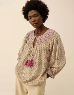 East Alina Floral Printed Smocking Top Brown