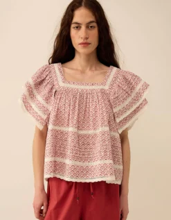 East Alina Printed Floral Lace Insert Top Pink