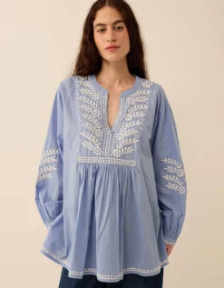 East Alva Hand-Chikankari Embroidered Top Blue