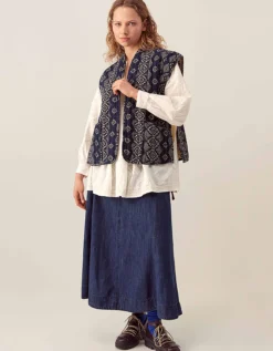 East Celine Printed Textured Cotton Gilet Blue