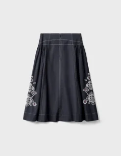 East Cora Floral Embroidered Cotton Twill Skirt Blue