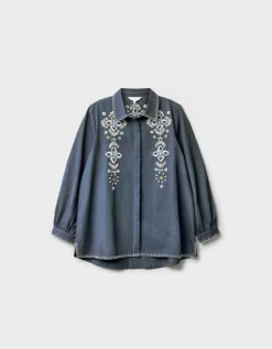 East Cora Floral Embroidered Cotton Shirt Blue