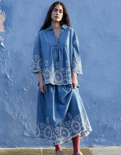 East Coralie Denim Broderie Shirt Blue