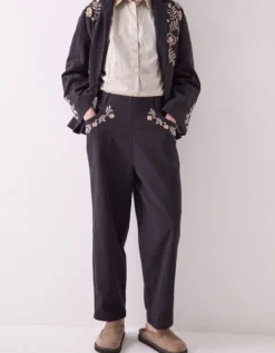 East Esme Embroidered Straight Leg Trousers Grey