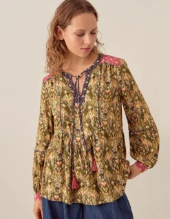 East Kiku Ikat Printed Top Green