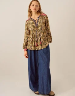 East Kiku Ikat Printed Top Green