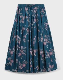 East Layla Floral Print Cotton Midi Skirt Blue