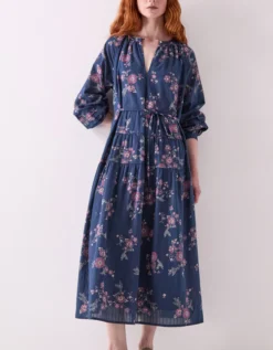 East Layla Floral Print Cotton Midi Dress Blue