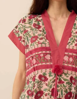 East Lessi Hand-Woodblock Border Print Dress Red